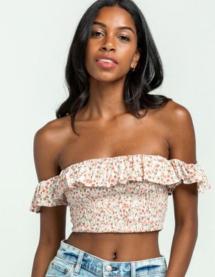 SKY AND SPARROW Off The Shoulder Multi Smock Crop Top