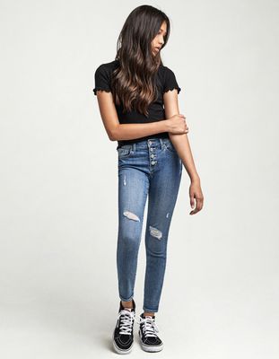 RSQ Girls Mid Rise Exposed Button Ripped Jeans