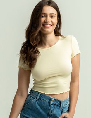 DESTINED Ribbed Lettuce Edge Light Yellow Crop Tee