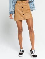 SKY AND SPARROW Button Front Faux Suede Cognac Mini Skirt