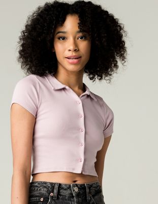 FULL TILT Button Front Lavender Crop Polo Shirt