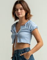 SKY AND SPARROW Puff Sleeve Light Blue Tie Front Top