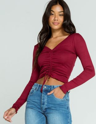 SKY AND SPARROW Cinch Front Burgundy Top