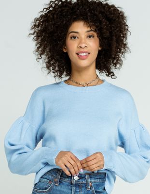 WOVEN HEART Drop Shoulder Puff Sleeve Light Blue Sweater