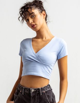 FULL TILT Surplice Light Blue Crop Tee