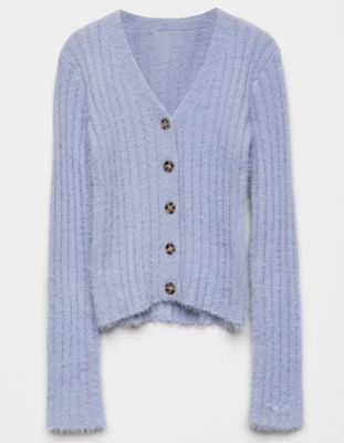 WHITE FAWN Ribbed Fuzzy Girls Periwinkle Cardigan