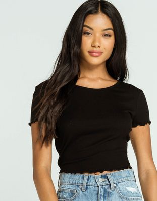 BOZZOLO Ribbed Lettuce Edge Black Crop Tee