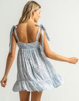 SKY AND SPARROW Ditsy Surplice Tie Shoulder Blue Dress