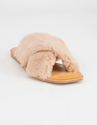 SODA Crisscross Faux Fur Slide Sandals