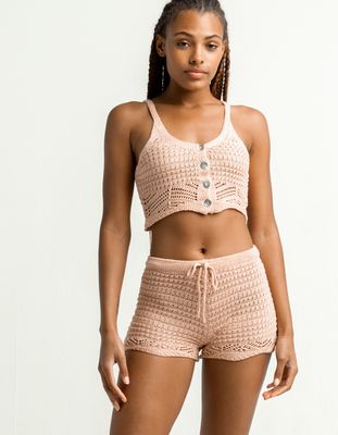 FULL CIRCLE TRENDS Button Front Crochet Mauve Tank & Shorts Set