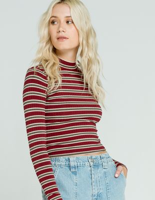 FULL TILT Essential Stripe Rib Burgundy Mock Neck Top