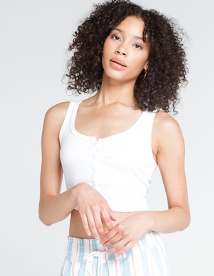 SKY AND SPARROW Rib Button Front White Crop Tank