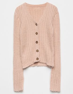 WHITE FAWN Ribbed Fuzzy Girls Pink Cardigan