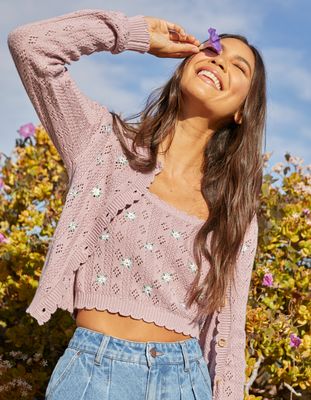 SKY AND SPARROW Embroidered Floral Pointelle Cardigan