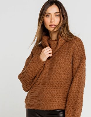 WEST OF MELROSE Just Roll With It Cowl Neck Brown Sweater