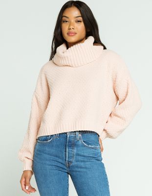 SKY AND SPARROW Chenille Cowl Neck Light Pink Sweater