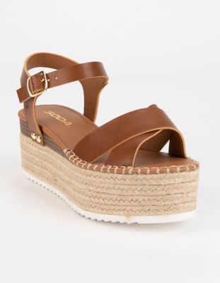 SODA High Ankle Strap Tan Flatform Sandals