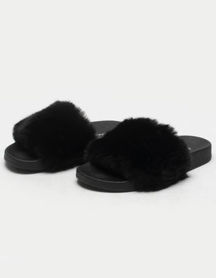 SODA Faux Fur Girls Black Slide Sandals