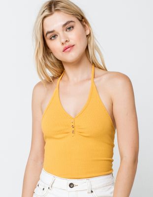 SKY AND SPARROW Solid 3 Button Mustard Halter Tank Top