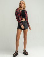 RSQ Big Plaid Washed Red & Black Crop Flannel Shirt