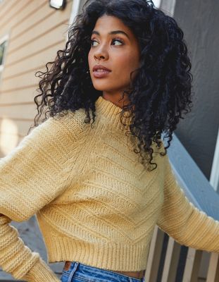 ELODIE Chevron Mock Neck Yellow Sweater