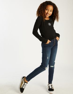 RSQ Mid Rise Skinny Exposed Button Ripped Girls Dark Wash Jeans