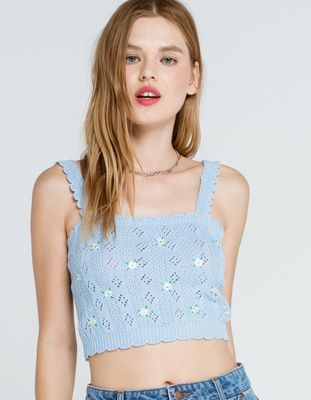 SKY AND SPARROW Embroidered Floral Ponitelle Light Blue Cami