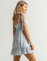 SKY AND SPARROW Ditsy Surplice Tie Shoulder Blue Dress