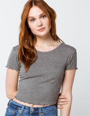 DESTINED Ribbed Lettuce Edge Grey Crop Tee