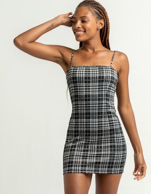 FULL TILT Plaid Knit Black & White Slip Dress