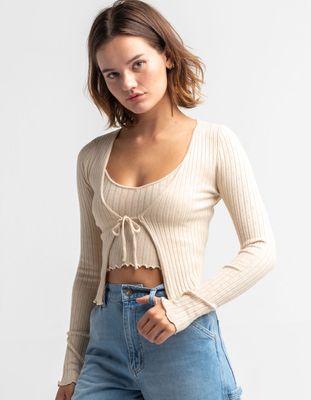 SKY AND SPARROW Tie Front Tan Pointelle Cardigan