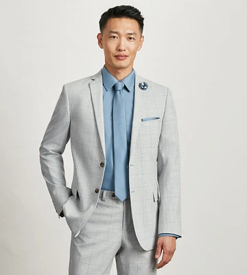 Slim Fit Light Grey Plaid Suit Jacket