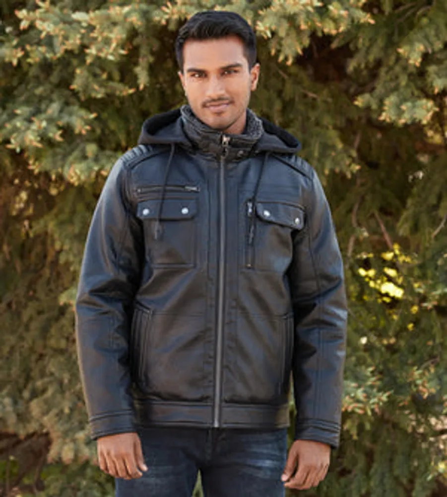 Modern Fit Vegan Leather Jacket With Hood