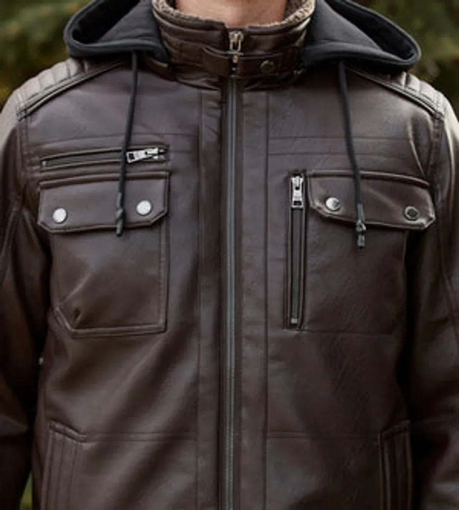 Modern Fit Vegan Leather Jacket With Hood