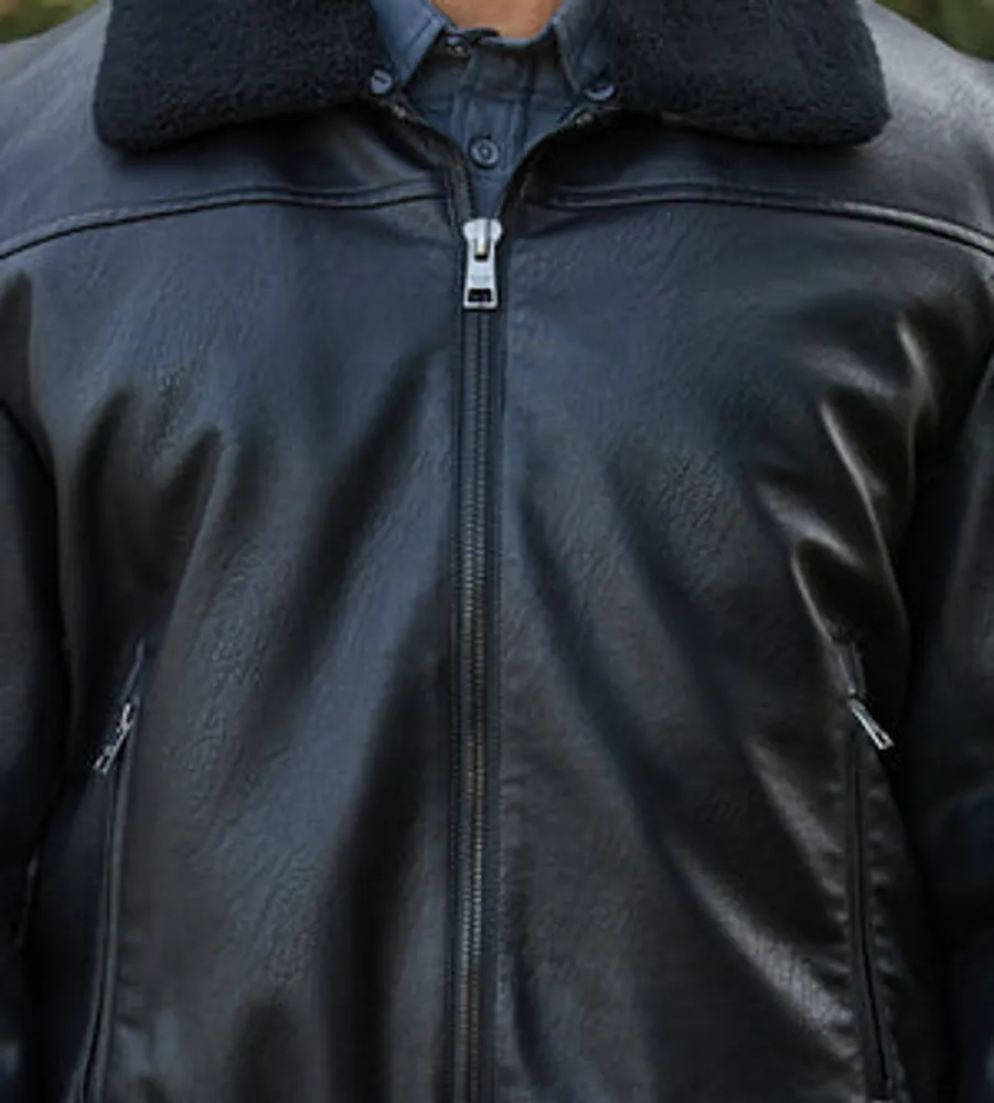 Modern Fit Vegan Leather Aviator Jacket with Removable Sherpa Collar