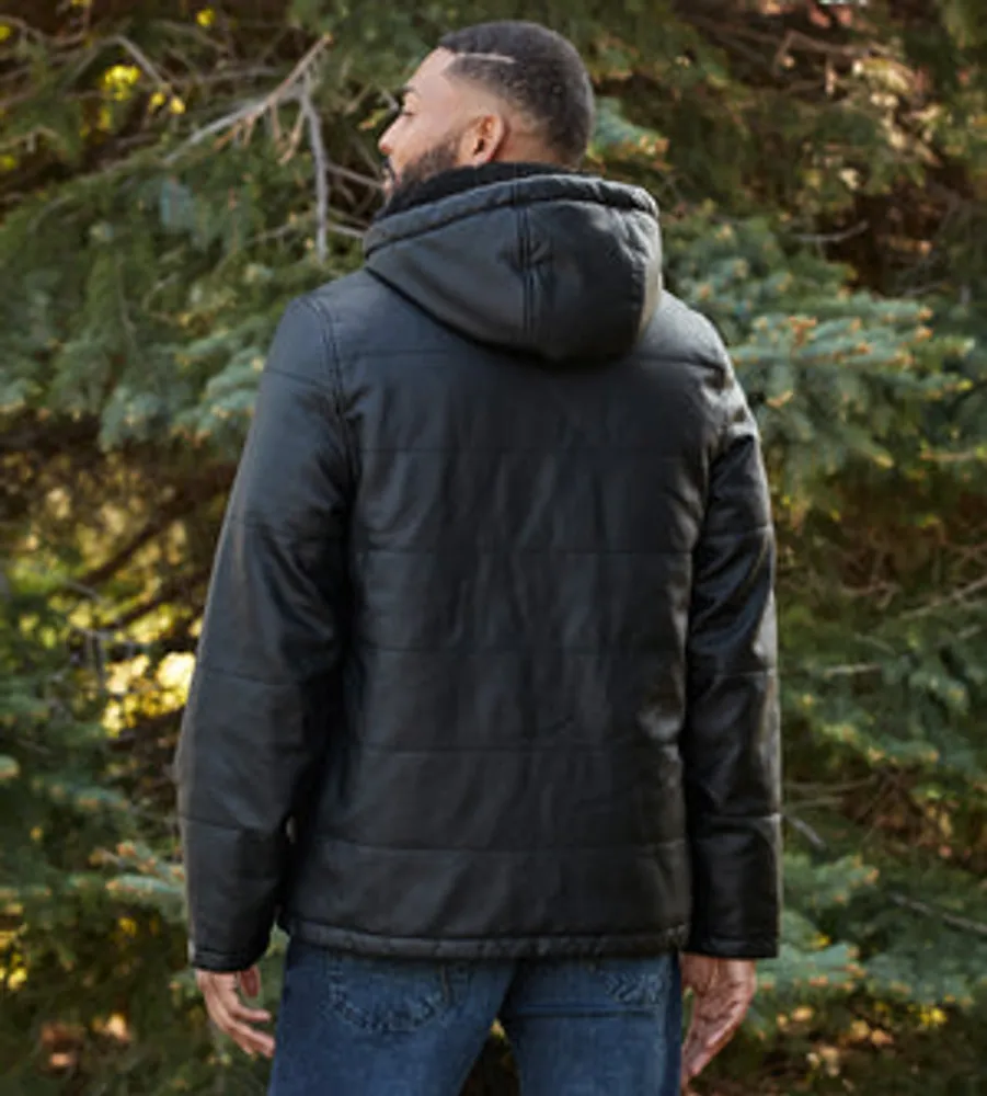 Modern Fit Quilted Vegan Leather Jacket with Removable Hood