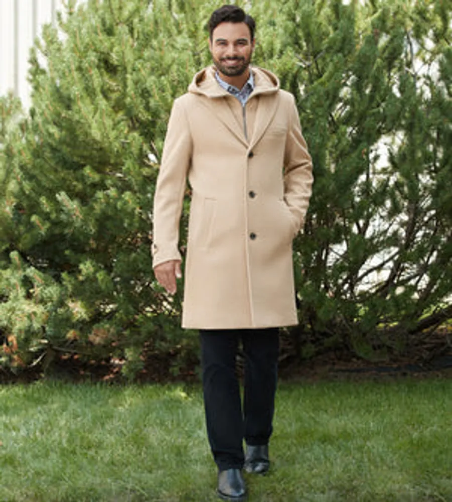 Modern Fit 4-Way Stretch Wool Coat with Removable Hood