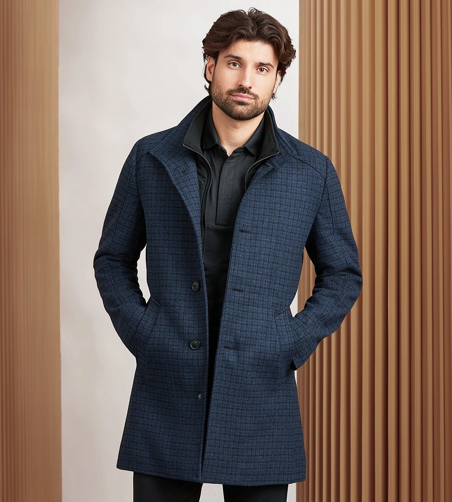 Slim Fit Funnel Collar Houndstooth Wool Coat