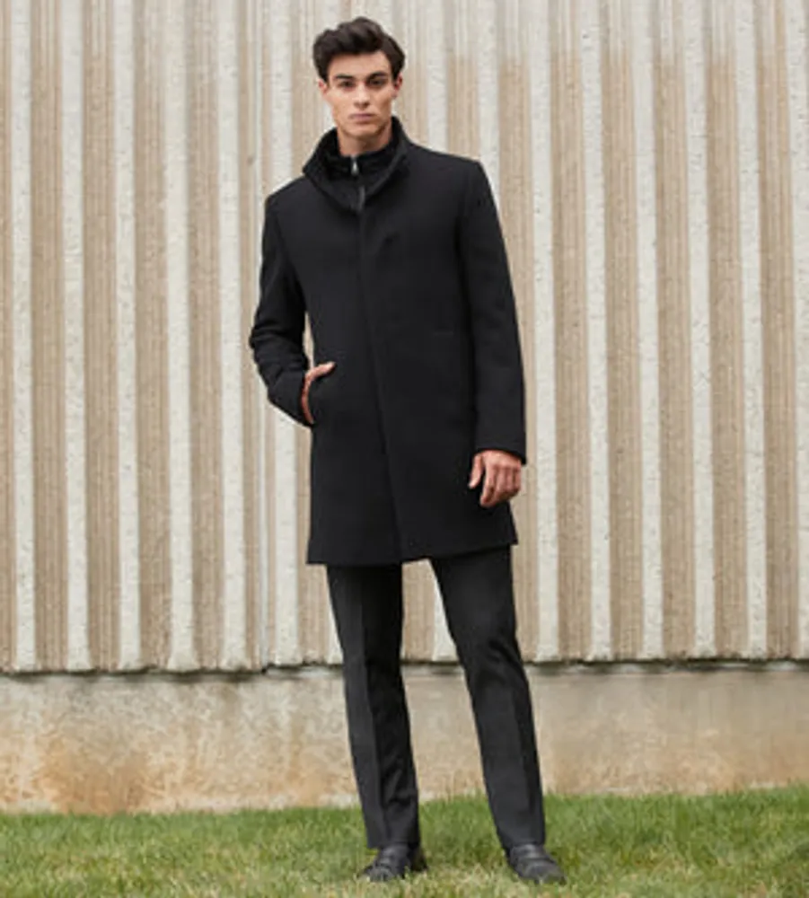 Slim Fit Funnel Collar Wool Coat