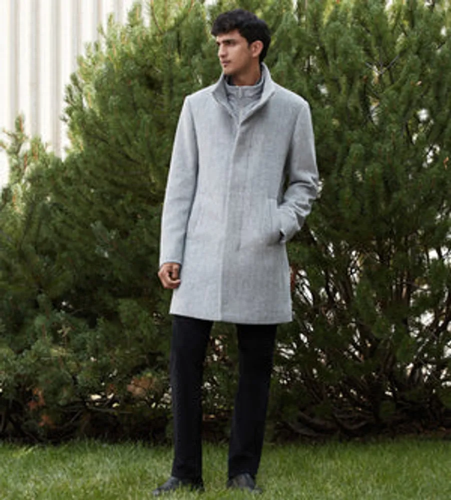 Slim Fit Funnel Collar Wool Coat