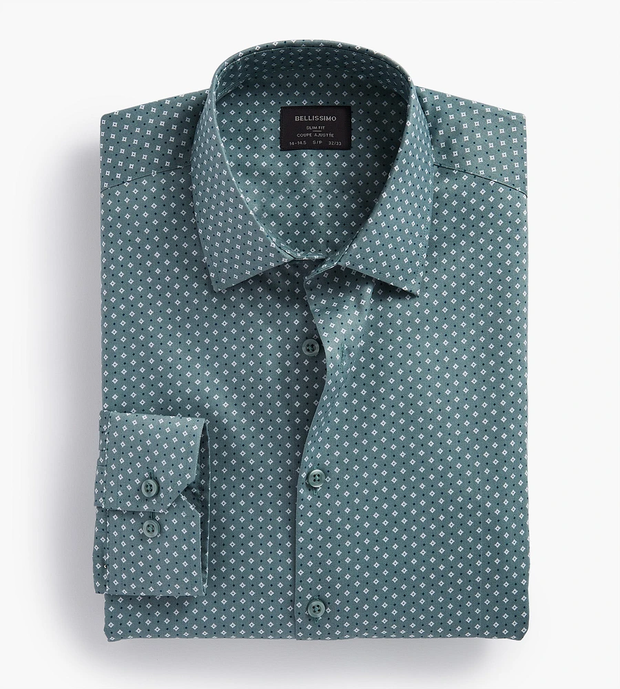 Slim Fit Non-Iron Geo Print Sateen Dress Shirt