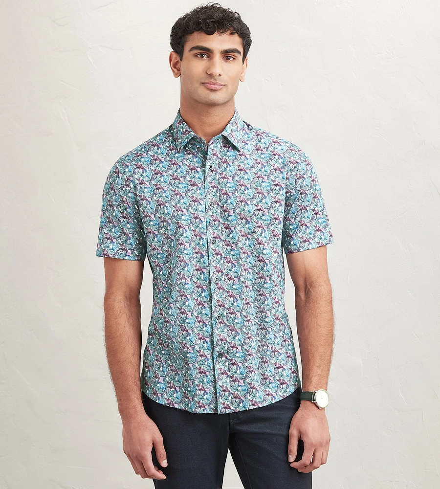 Modern Fit Short Sleeve Leaf Pattern 360 Stretch Sport Shirts