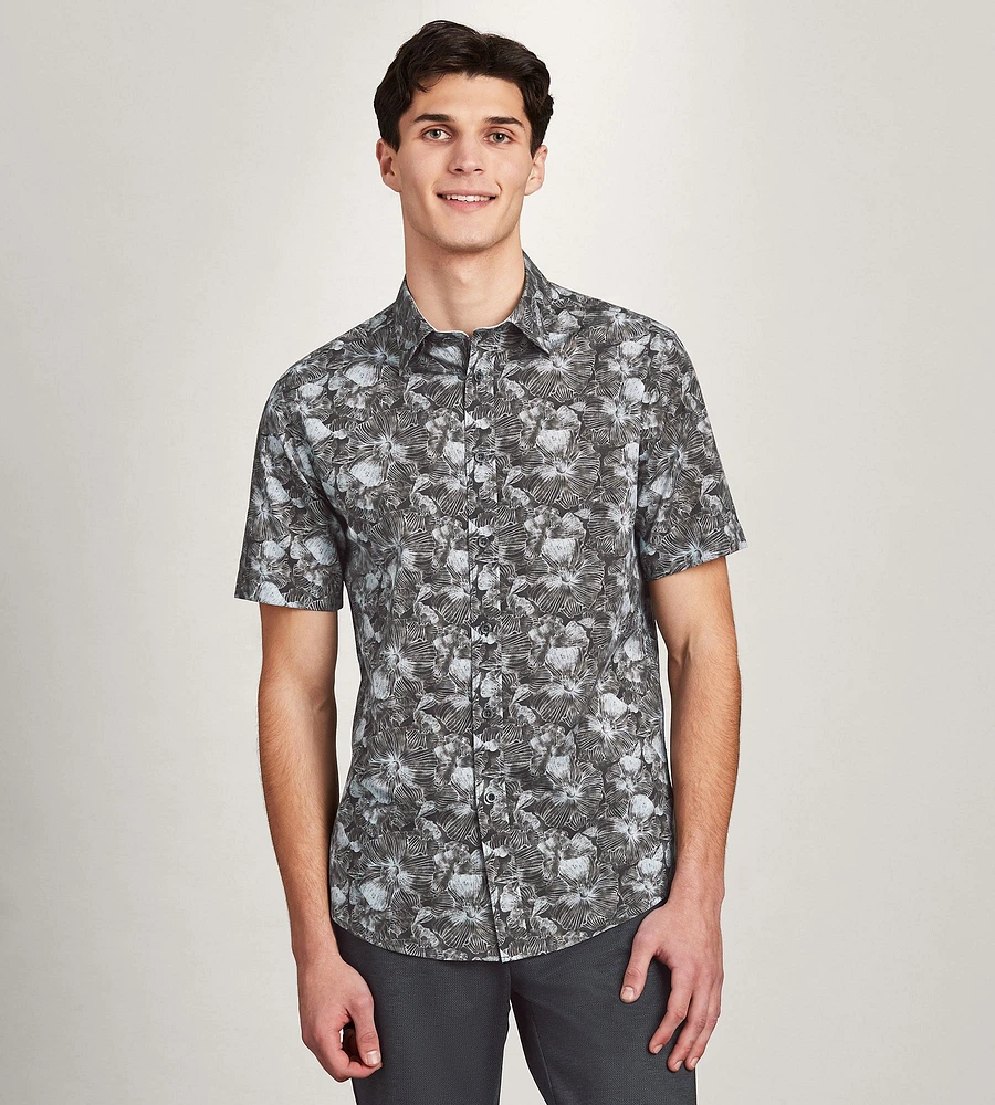 Modern Fit Short Sleeve Linen Like Floral Pattern Sport Shirt