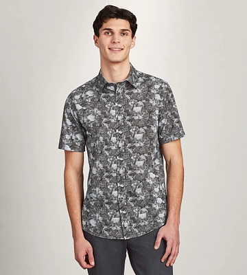 Modern Fit Short Sleeve Linen Like Floral Pattern Sport Shirt