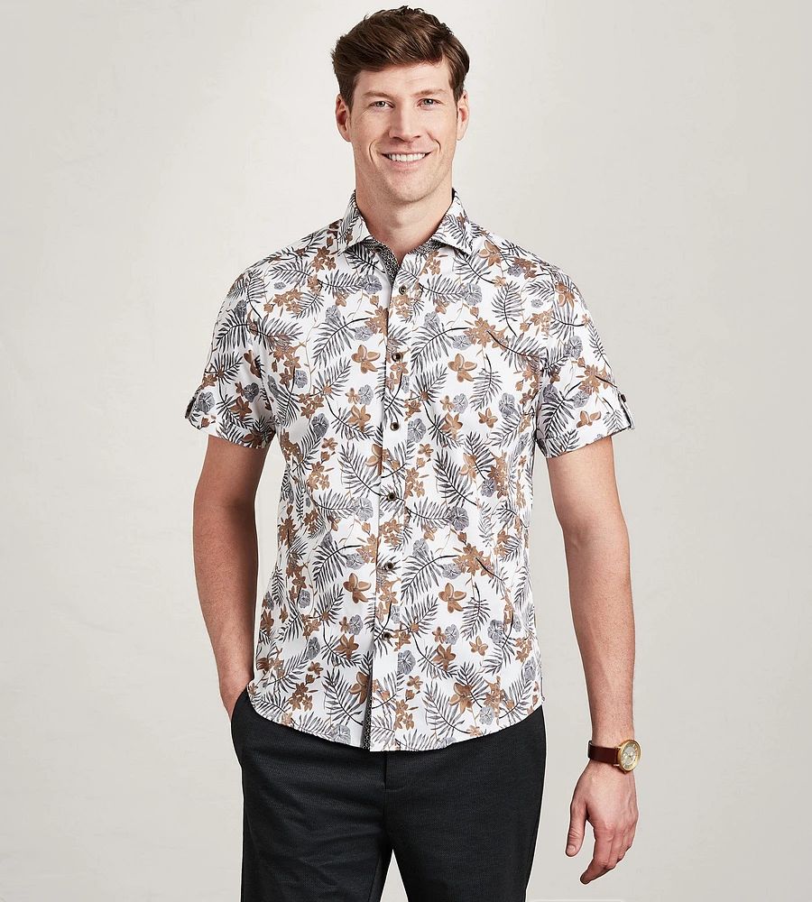 Modern Fit Short Sleeve Tropical Pattern Sport Shirt