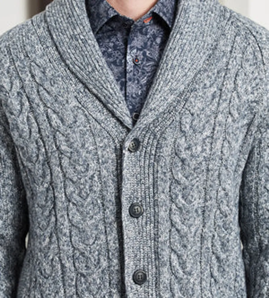 Modern Fit Shawl Collar Cable Knit Cardigan Sweater