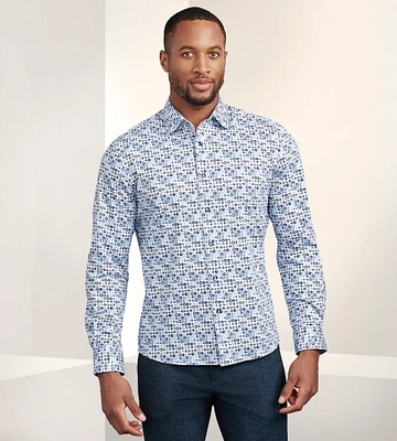 Modern Fit 360° Stretch Long Sleeve Geo Print Sport Shirt