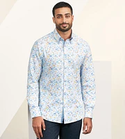 Modern Fit Long Sleeve Double-Collar Water Colour Print Sport Shirt