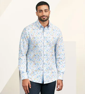 Modern Fit Long Sleeve Double-Collar Water Colour Print Sport Shirt