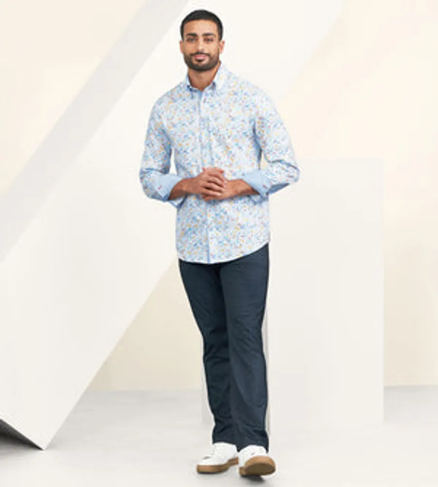 Modern Fit Long Sleeve Double-Collar Water Colour Print Sport Shirt